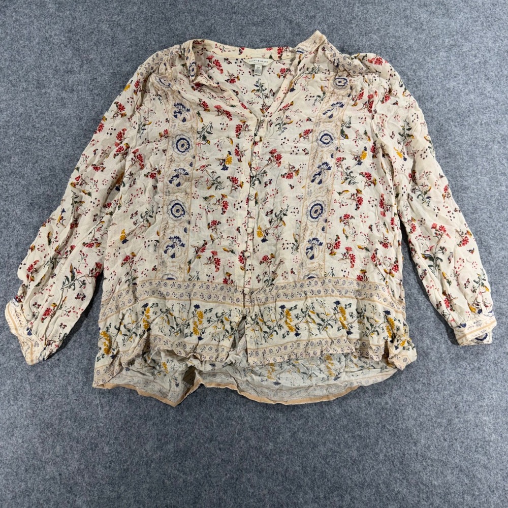 Lucky Brand Womens Small Floral Button Front Blouse Long Sleeve Boho Cream Top